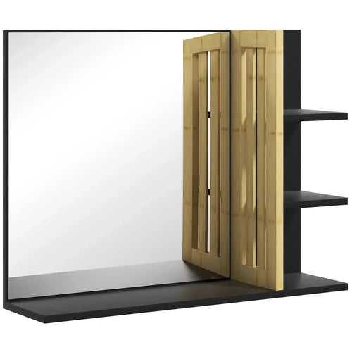 Bathroom mirror with bamboo side cabinet and black shelves, open hinged view