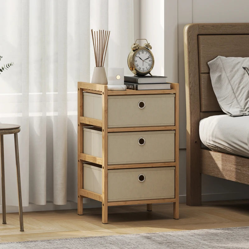 Cream white narrow dresser with bamboo frame, three fabric drawers and round pull handles