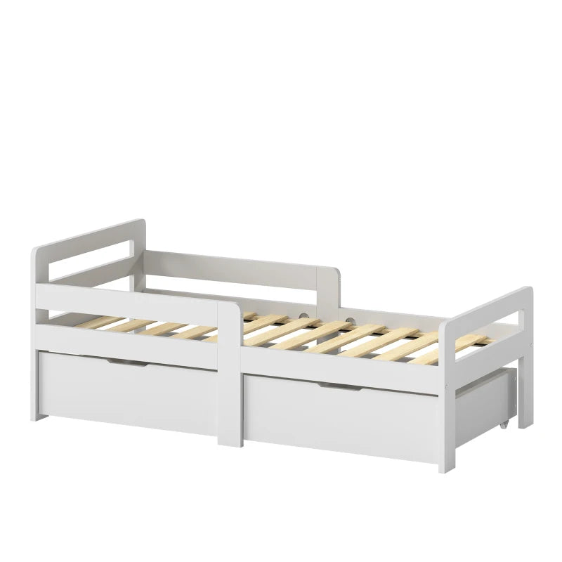 Grey kids bed frame with guard rails, slatted base and two storage drawers