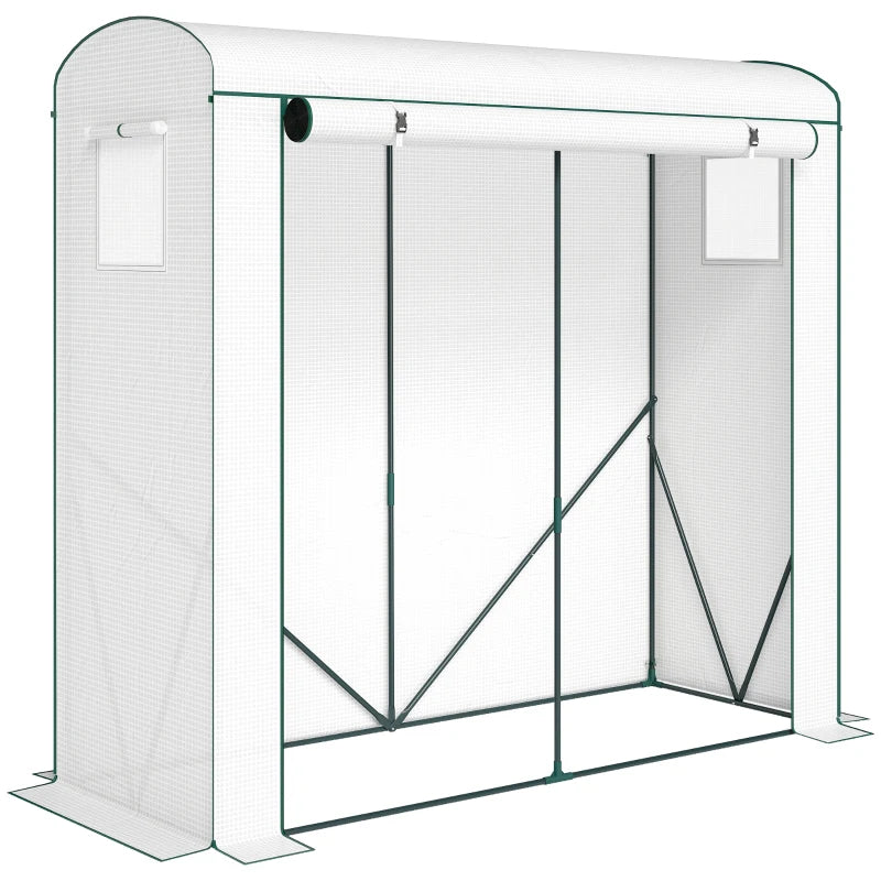 White mini greenhouse with roll-up door and mesh side walls