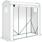 White mini greenhouse with roll-up door and mesh side walls