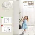 White tall bathroom cabinet with mirror, anti-tip stability detail