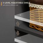 Dark grey sideboard interior with adjustable shelving and three-level storage rails