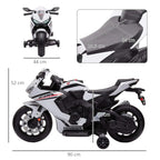 White kids ride-on motorcycle multi-view layout, with training wheels and front disc