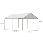 White open carport canopy tent with metal frame showing overall size measurements
