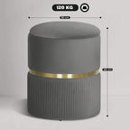 Grey storage ottoman with round lid and ribbed sides, gold-tone band; 36 cm wide