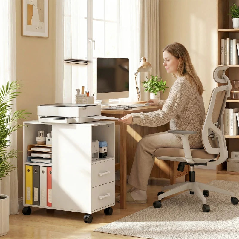 White mobile printer table on wheels with stacked trays, drawers, and open shelving