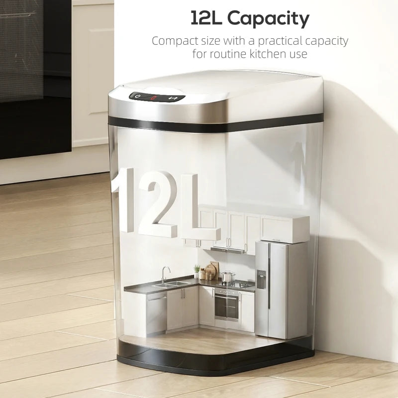 Compact silver stainless steel touchless sensor trash bin with closed lid