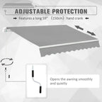 Manual retractable porch awning with hand crank and adjustable pitch over light grey fabric