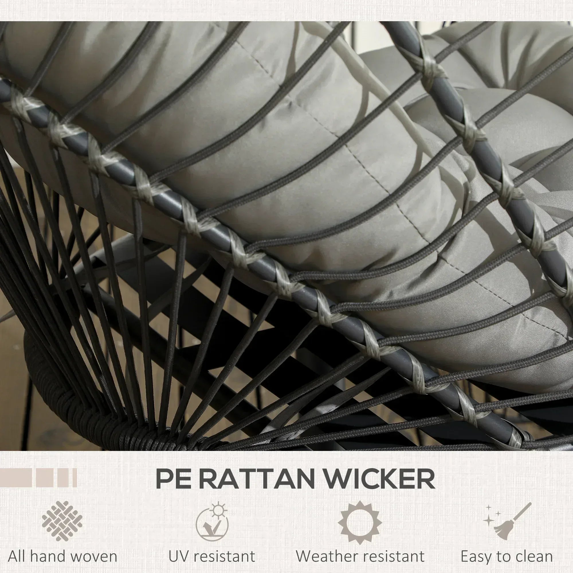 Outdoor PE Rattan Swing Chair with Foldable Basket and Cushion, Garden Patio Hanging Egg Chair with Metal Stand, Headrest for Indoor and Outdoor, Light Grey - Bobobiy