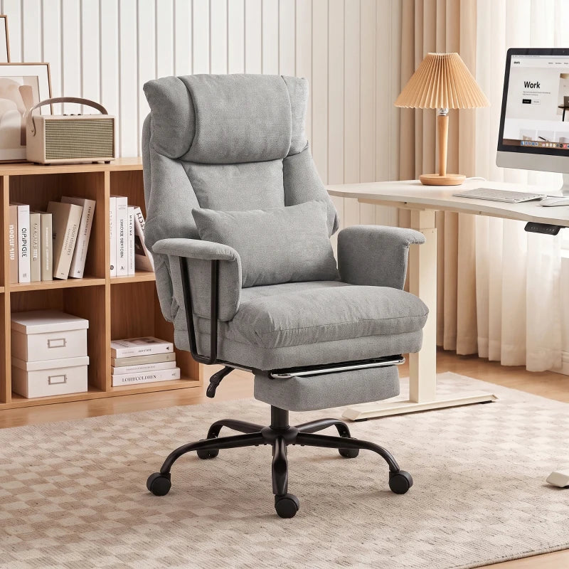 Grey linen-look office chair with headrest, lumbar support, and black caster base