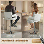 White adjustable bar stools with padded seat, backrest, armrests, chrome height base