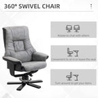 Grey fabric swivel recliner chair with armrests and headrest, black base, upright position.
