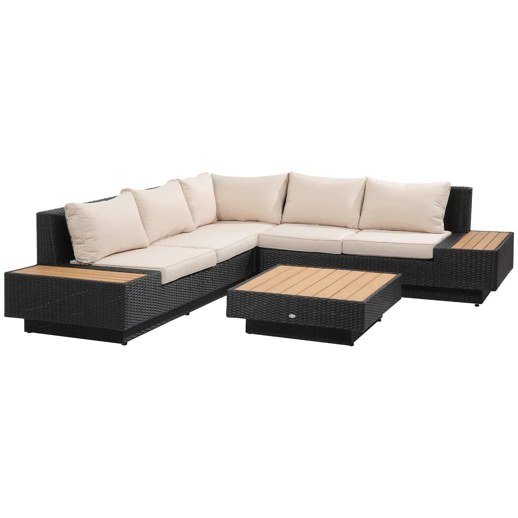 4 PCs Rattan Garden Furniture Outdoor Sectional Corner Sofa and Coffee Table Set Conservatory Wicker Weave Furniture with Armrest and Cushions - Black - Bobobiy