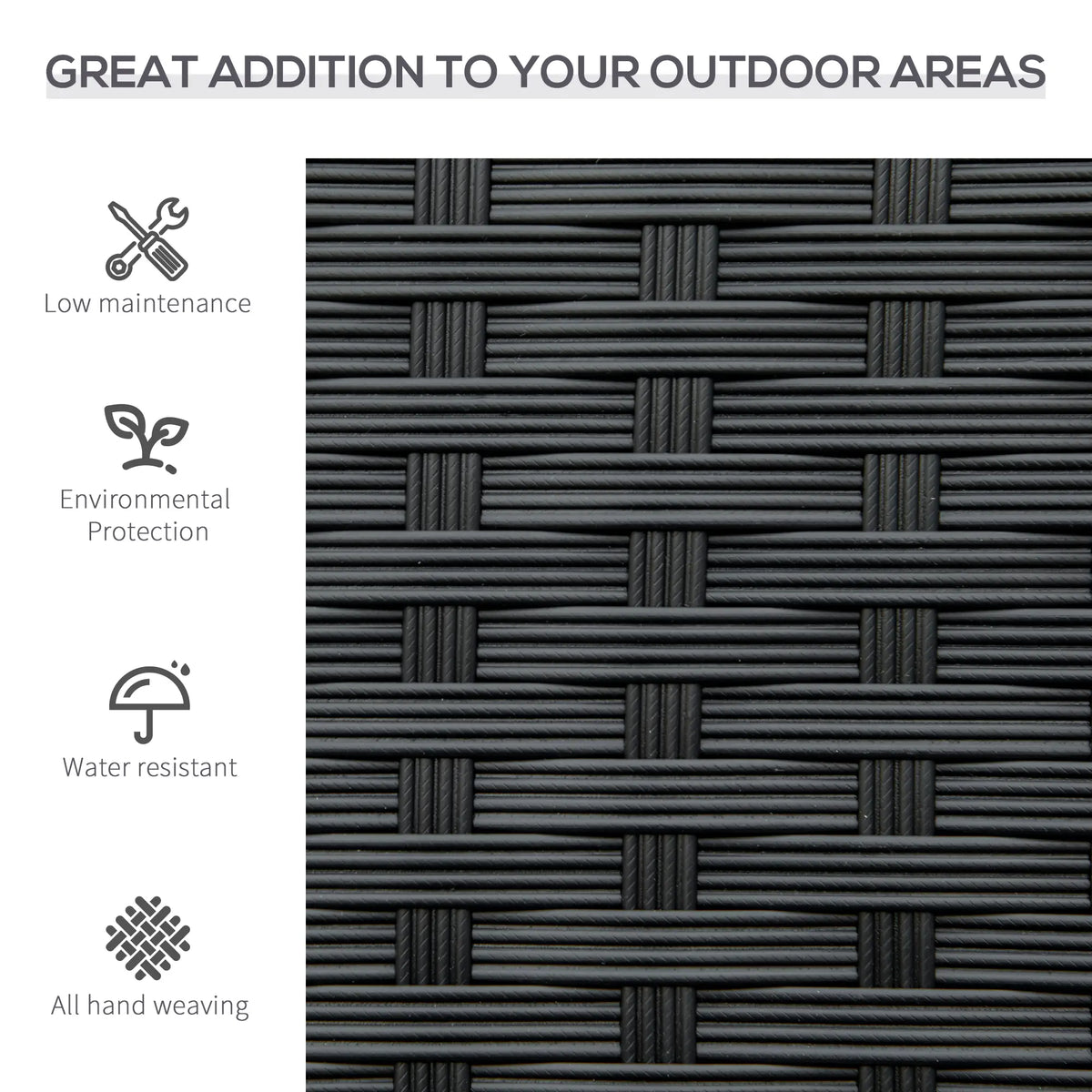 Close-up of the black woven rattan bench material and tight basket weave
