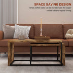 Rustic brown rectangular coffee table with black metal frame on a living room floor