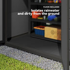 Dark grey storage shed base with included floor and raised edge near ground