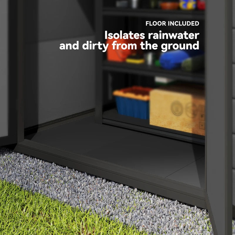 Dark grey storage shed base with included floor and raised edge near ground