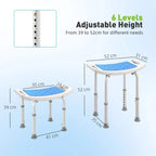 Adjustable-height shower stool shown with size measurements and blue perforated seat