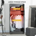 Grey wardrobe with door open showing hanging clothes and a top storage shelf