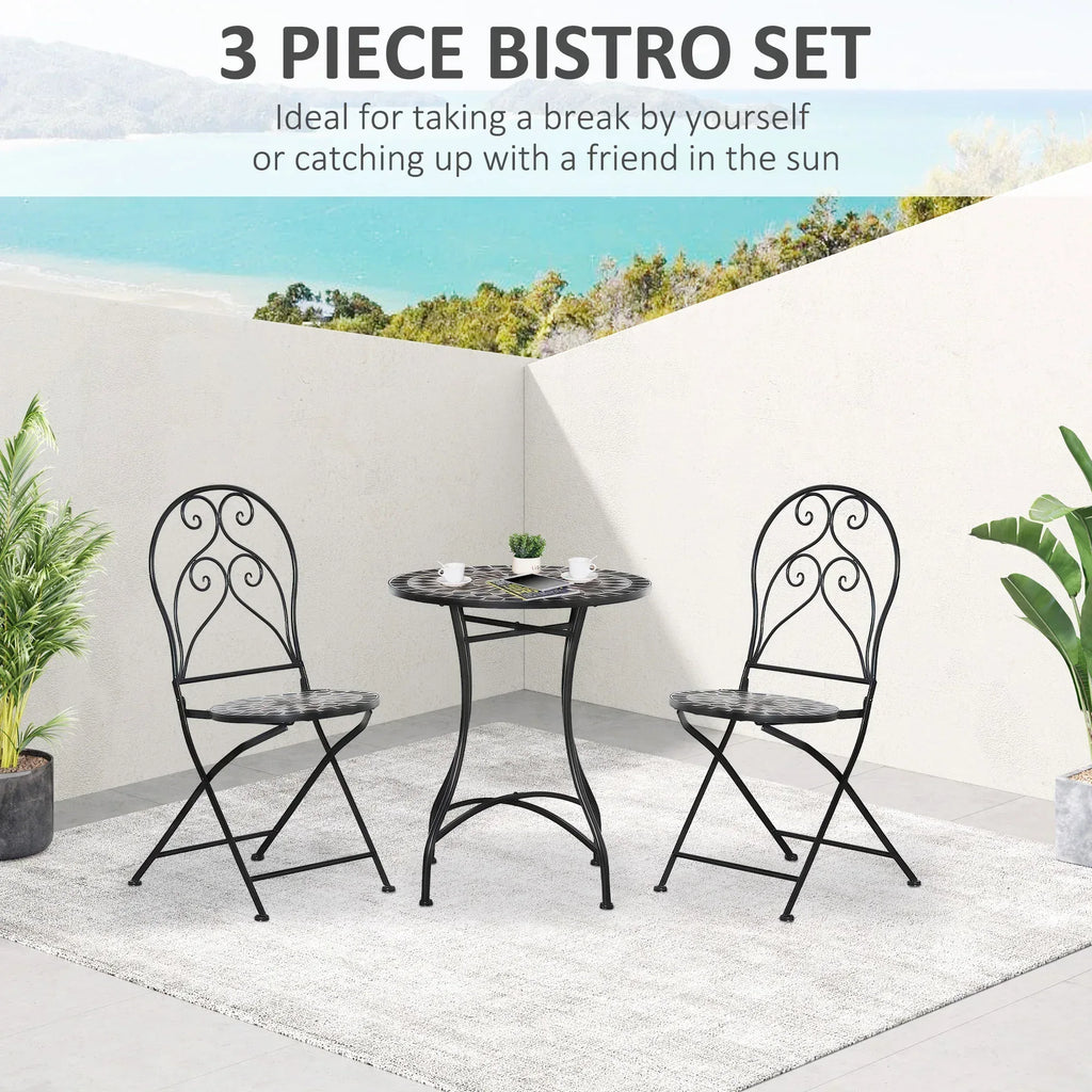 3 Pieces Garden Bistro Set with Coffee Table and 2 Folding Single Chairs, Mosaic Garden Table Top and Seats, Metal Frame, for Patio Balcony, Black - Bobobiy