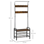 Freestanding coat rack shoe bench with rustic wood top and two wire shoe shelves
