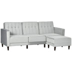 Light grey velvet corner sofa bed with tufted back and matching portable footstool