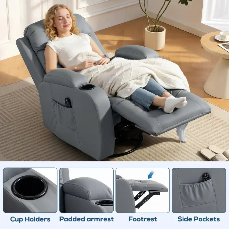Grey massage recliner armchair with cup holders, footrest, and padded armrest