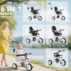 White 6-in-1 kids tricycle with removable canopy seat, shown in multiple configurations