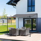Grey metal pergola gazebo with grey canopy over outdoor seating on patio