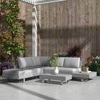 Light grey rattan corner sofa set with cushions and matching woven coffee tables