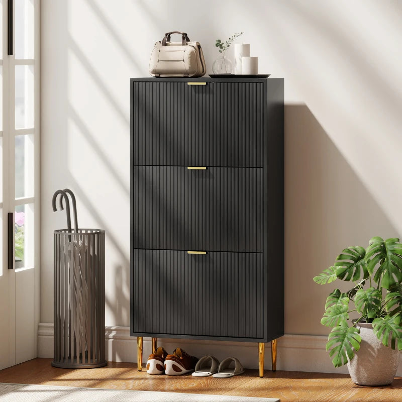 Black shoe cabinet with three sections, gold handles, and slender wooden legs.