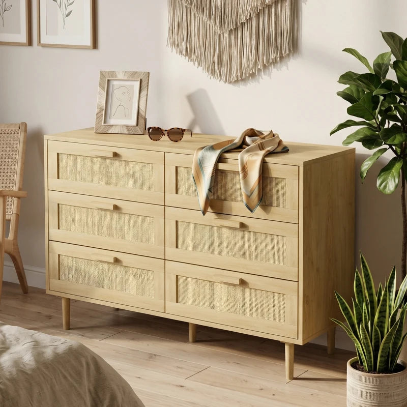 Light oak 6-drawer dresser with rattan drawer fronts and recessed wooden handles.