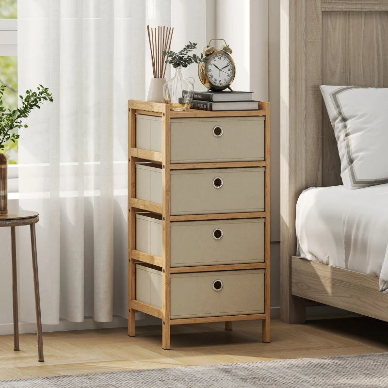 Narrow cream fabric drawer chest with bamboo frame and four drawers, round pulls