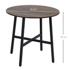 Round wooden dining table with rustic brown finish and black steel four-leg frame