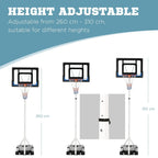 Height-adjustable basketball hoop stand shown at 260–310 cm positions, wheeled base