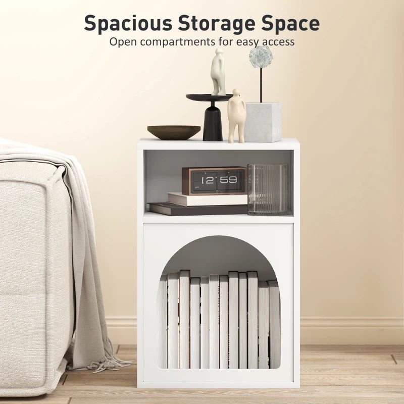 White bedside table featuring open compartments and a large arched front storage opening