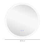 Round wall-mounted bathroom mirror with glowing white LED border and touch controls