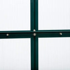 Dark green corner connection with bolts between clear polycarbonate panels