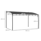 Dark grey metal pergola frame with arched canopy roof, open rectangular shape