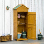 Natural wood garden storage shed cabinet with open double doors and shelves