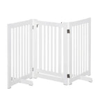 White freestanding expandable dog gate with latched door and vertical bars