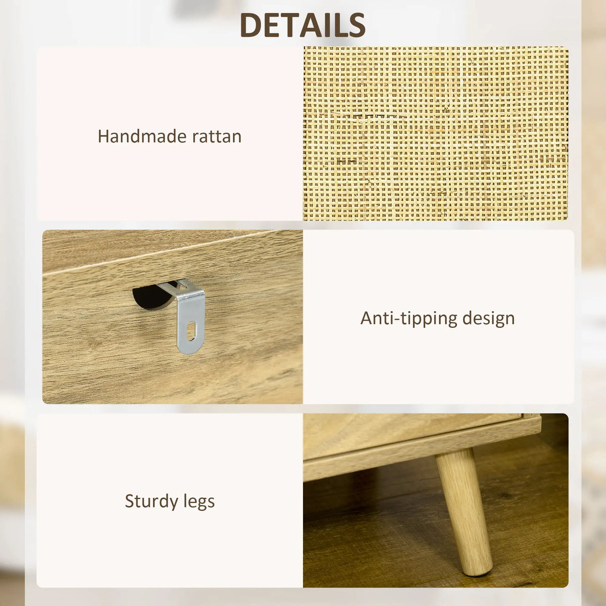 Homcom Bedside Table with Rattan Element, Side End Table with Shelf and Cupboard, 39cmx35cmx60cm, Natural