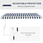 Blue and white striped retractable awning with long hand crank