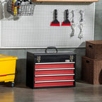 Black portable tool chest with red 4 drawers, top handle, and partially open interior.