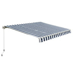 Blue and white striped manual retractable awning with scalloped fringe edge