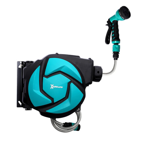 Wall-mounted retractable hose reel with blue spray nozzle and coiled hose