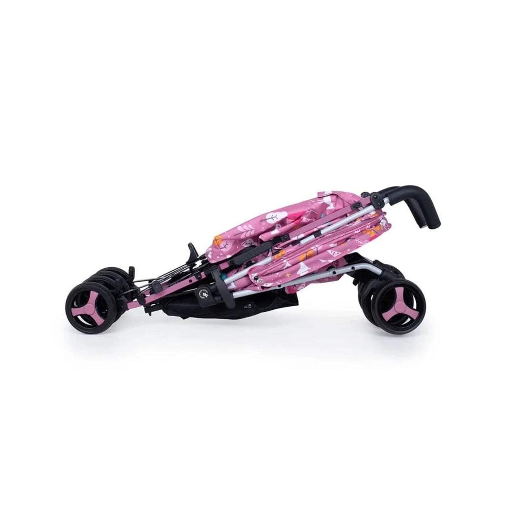 Pink unicorn print stroller shown folded in side profile with black frame and wheels