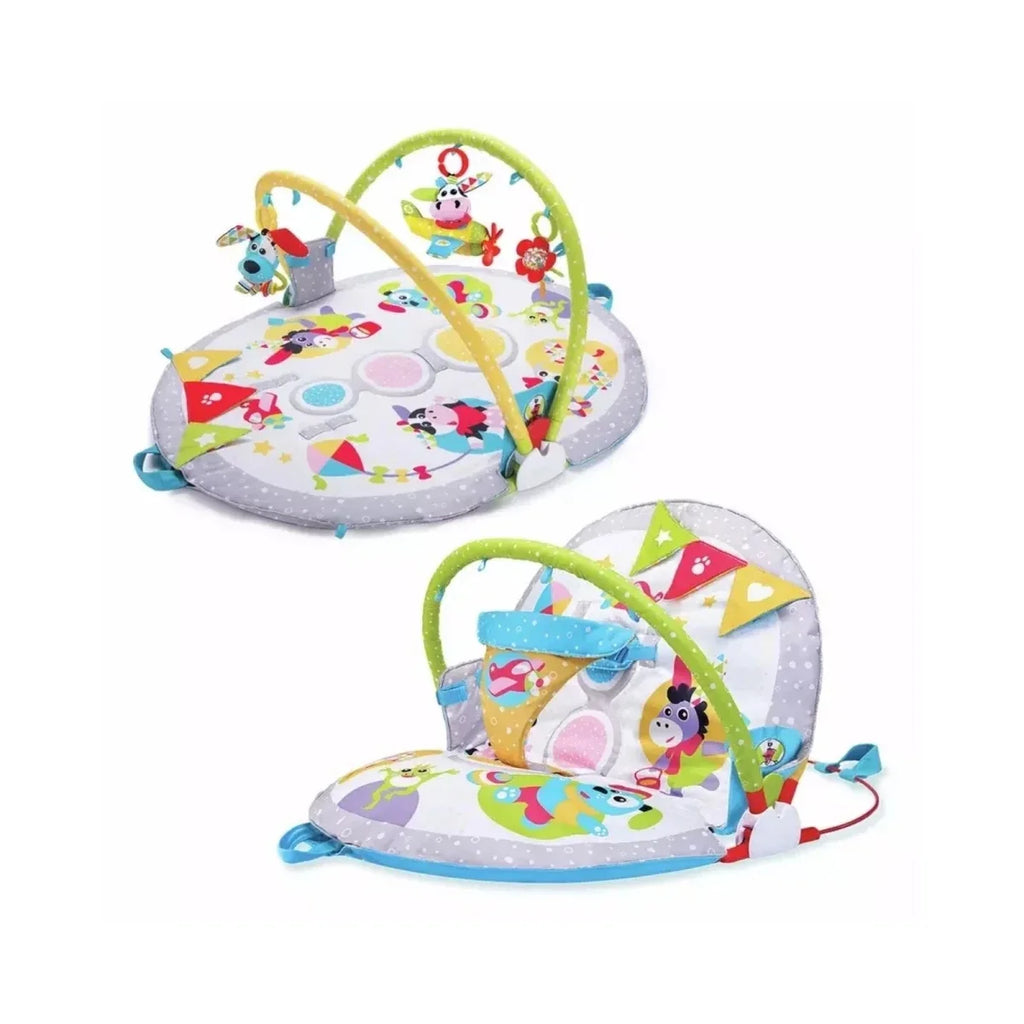Foldable baby play gym mat with two arches, dangling toys, and colorful activity panels