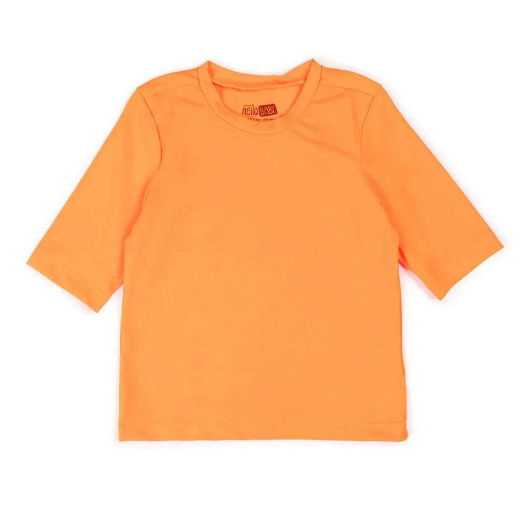 HelloBaby short sleeve baby swim top in neon orange, crew neck, front view.